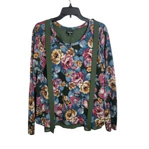 Wallpapher Long Sleeve Casual Top Women's Green Floral Print Tie Neck Size XL